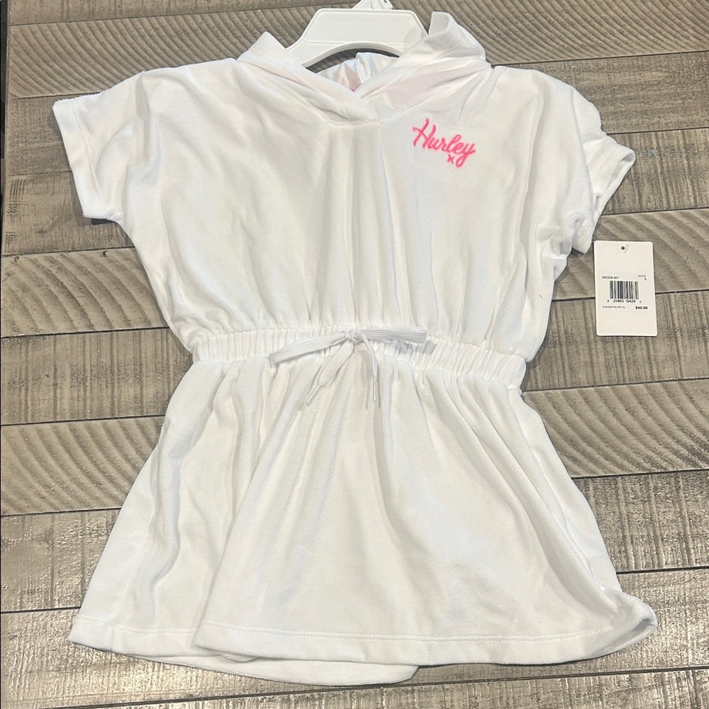 Hurley White Kids Hooded Swim Coverup with Pink Logo